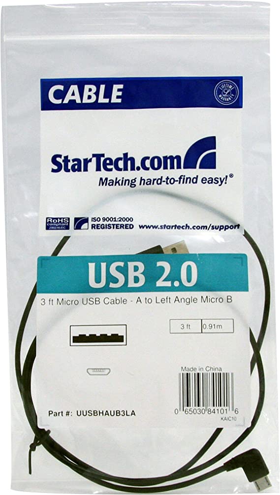 StarTech.com 3 ft Micro USB Cable - A to Left Angle Micro B - USB Type A - 90 Degree Micro-USB Type B (M) - Black