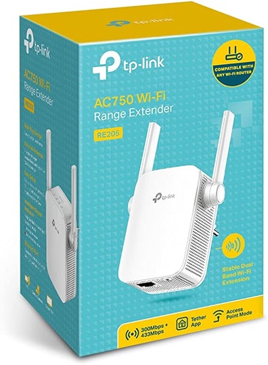 [RE205] AC750 WiFi RANGE EXTENDER, WALL PLUGGED, 433Mbps at 5GHz, 300Mbps AT 2.4GHz 802.11ac/a/b/g/n