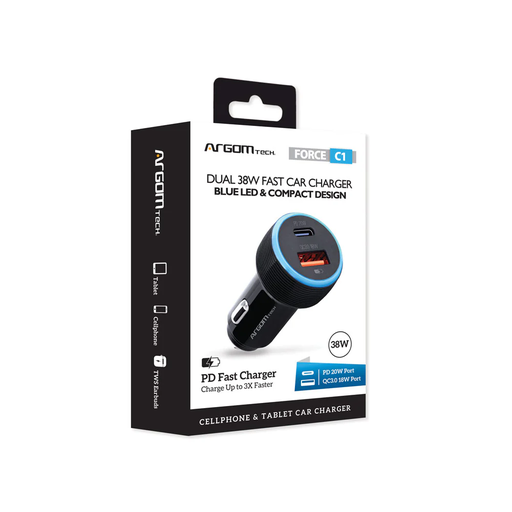 [ARG-AC-0118BK] Argom Force C1 38W PD Type-C + USB Car Charger